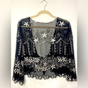 Vintage - Black & White Floral Beaded Top w/ Black Satin Tieback - S/M